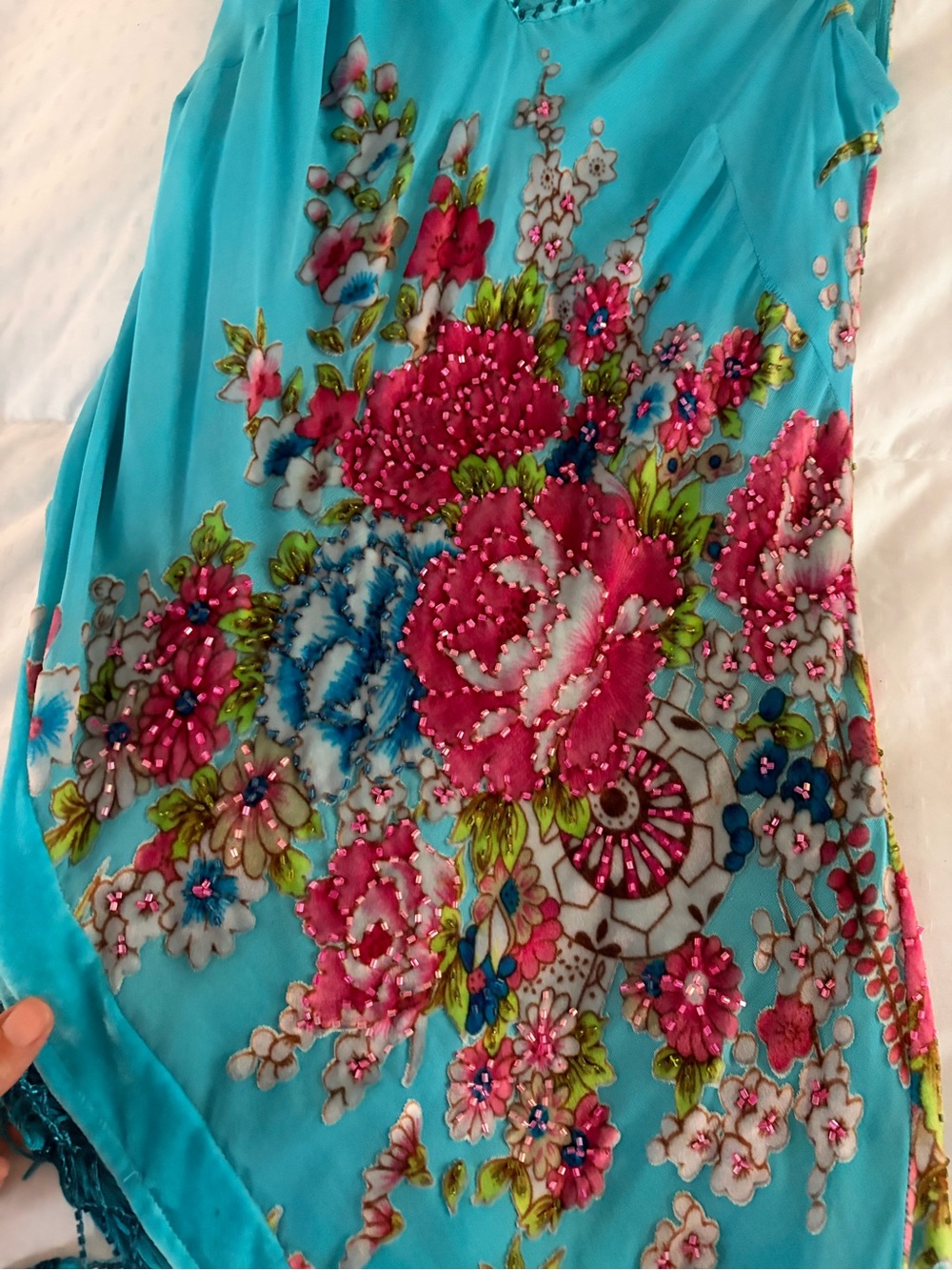 Cache Turquoise Floral Asymmetric Fringe Women’s Tunic size S - Picture 3 of 5